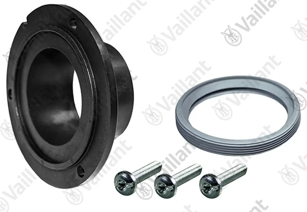 Vaillant Zubehör-Set mit einem schwarzen Anschlussstück, einer grauen Dichtung und drei Metallschrauben für die Montage.